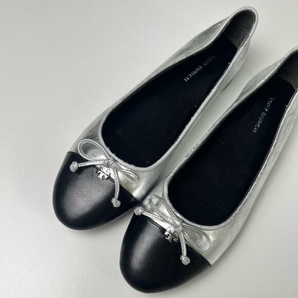 Tory Burch Leather Silver Black Cap Toe Double T Bow Ballet Flats 6 - Picture 4 of 10